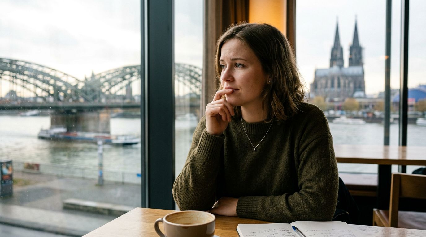 Junge Frau in Köln denkt über ihre Altersvorsorge nach