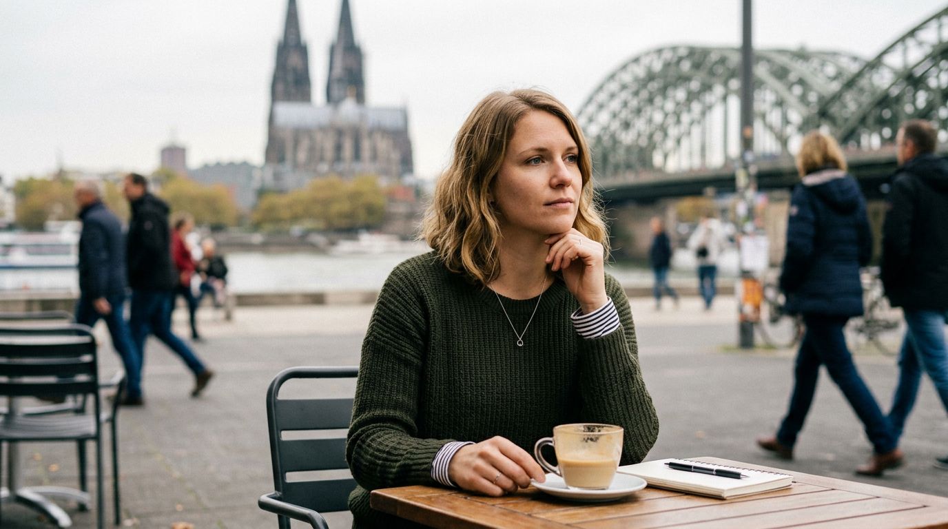 Frau in Köln nachdenklich über Altersvorsorge und Rentenlücke