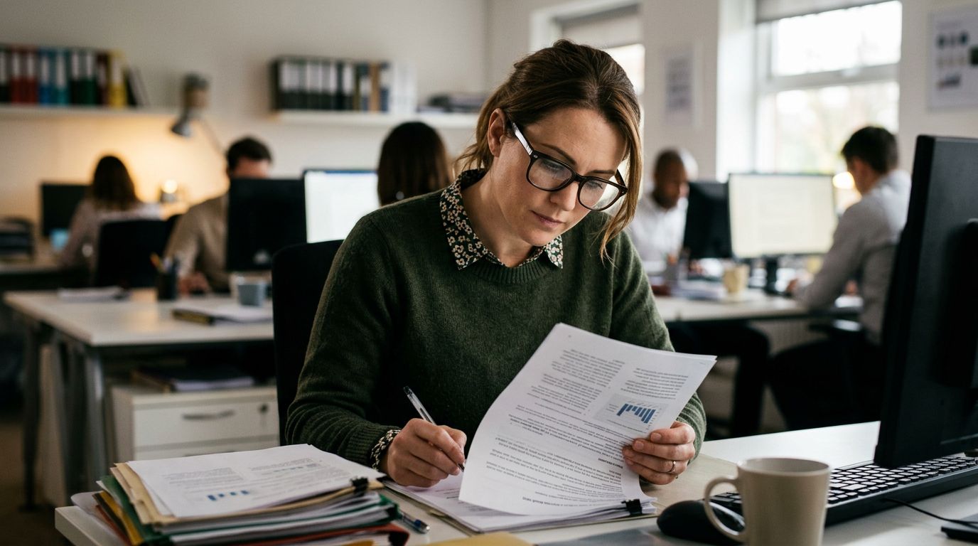 Frau liest Depot-Unterlagen am Arbeitsplatz — Finanzen strukturiert im Blick