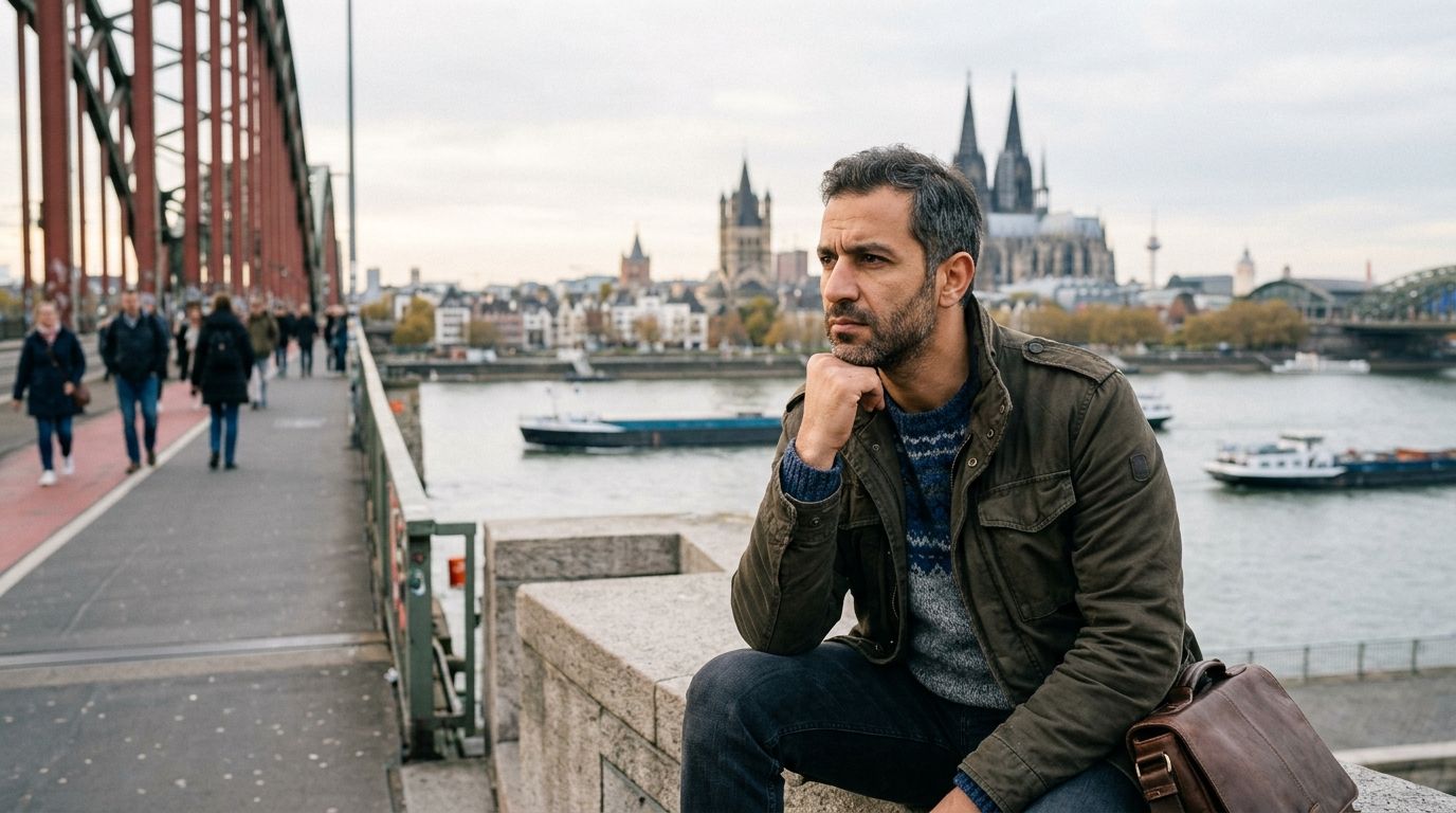 Mann Mitte 40 in Köln nachdenklich — noch nicht für die Rente vorgesorgt