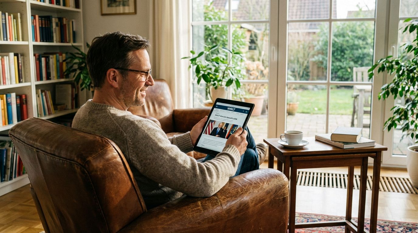 Mann liest auf dem Tablet entspannt die Nachrichten — Finanzen laufen automatisch