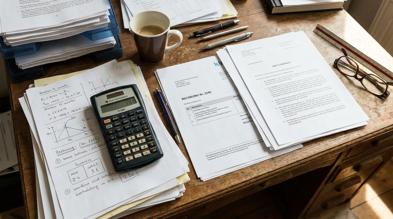 Finanzorganisation mit dem 3-Konten-Modell — Schreibtisch mit Taschenrechner